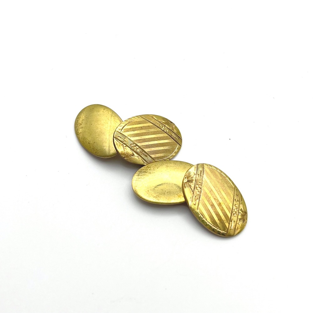 Vintage S&S‎ Gold Tone Etched Oval Double Sided Cufflinks Striped Floral Pattern